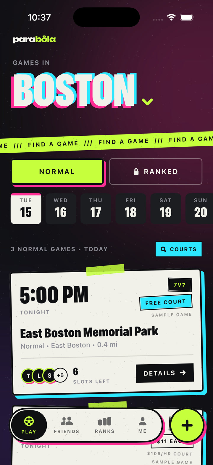 The parabôla Play feed: three normal games in Boston tonight, East Boston Memorial Park at 5:00 PM with six slots left